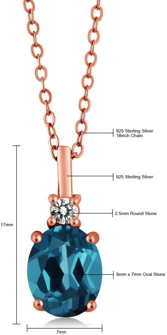 Gem Stone King 18K Rose Gold Plated Silver London Blue Topaz & Diamond Pendant Necklace For Women | 1.87 Cttw | Gemstone Birthstone | Oval 9X7MM | With 18 Inch Chain