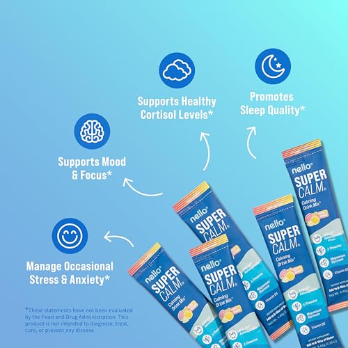 Image of Nello Supercalm Powdered Drink Mix, Cortisol Reducer* and Sleep Aid Supplement, L Theanine, Ksm-66 Ashwagandha, Magnesium Glycinate, Vitamin D 3, No Sugar, Non GMO, On The Go, 20 Ct, Yuzu Guava