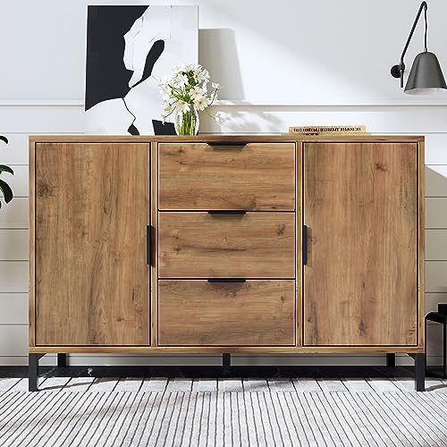 Wiuzo Sideboard Cabinet for Living Room, Chest of Drawers with with 2 doors and 3 drawers, Adjustable shelf, Dark Oak, 40D x 120W x 76H centimetres