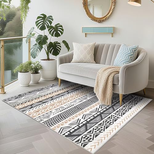 Tapis géométrique vintage gris 130x200cm résistant salon bureau