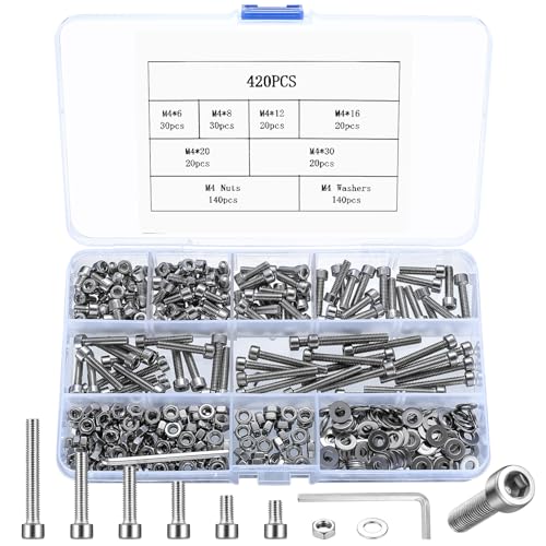 420 Pcs M4 Vis Boulons et Écrous Set, Vis à Tête Hexagonale en Acier Iinoxydable avec Boulons et Écrous et Rondelles, Visserie Inox à Tête Cylindrique à Six Pans Creux Assortiment Kit