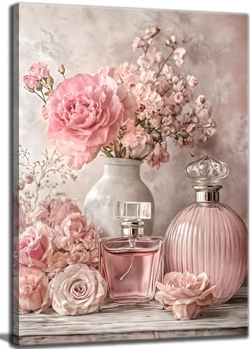 Pink Floral Canvas Wall Art Rose Flowers Plant painting Decor Picture Perfume Botanical Posters Prints for Living Room Dressing Preppy Apartment Valentine's Day Bedroom Corridor Home Decoration