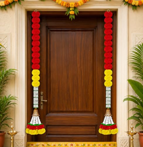 Image of iHandikart Handmade Pack of 2 Artificial Marigold Hanging with Bell & Tassel Traditional Door & Wall Garland for Makar Sankranti, Lohri, Pooja, Home Decor & Housewarming 42 Inch (IHK-HV32105-2)
