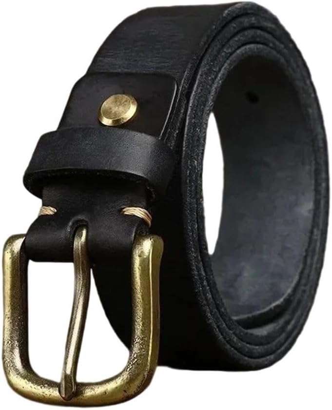 Men's Leather Belt - 3.3 cm Solid Cowhide with Copper Pin Buckle, Retro Style
