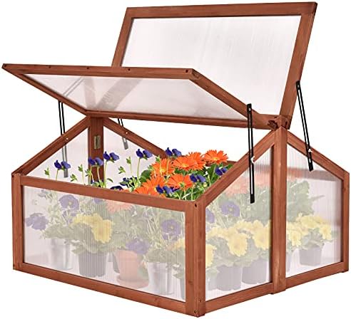 TANGZON Wooden Cold Frame, Transparent Polycarbonate Glazing Grow House with Openable & Tilted Top Covers, Outdoor Plant Flower Vegetable Shelter Greenhouse