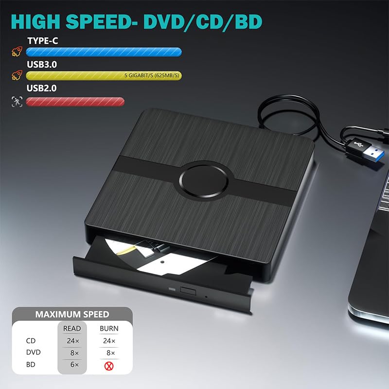 Lecteur DVD Blu-Ray Externe USB 3.0, Lecteur Optique Portable 3D, graveur CD/DVD, for Ordinateur, Windows 11 et Mac
