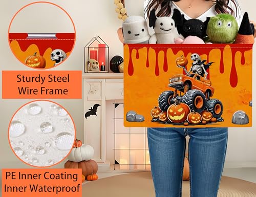 Image of Large Halloween Themed Candy Gift Boo Basket for Kids Baby Personalized Adults Storage Bin Fall Decor(Skeleton Monster Truck)