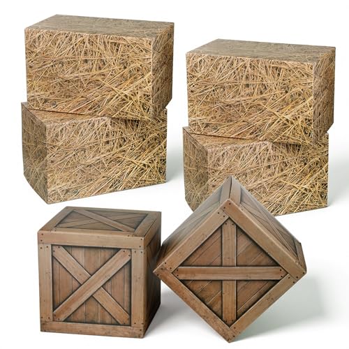 Lyksgir 6 Pcs Hay Bales Boxes Decor, Western Cowboy Party Decorations, Farm Hay Photo Booth Props, Wooden Grain Straw Box, Summer Halloween Hays Bales Boxes Decor for Farmhouse Western Themed Party