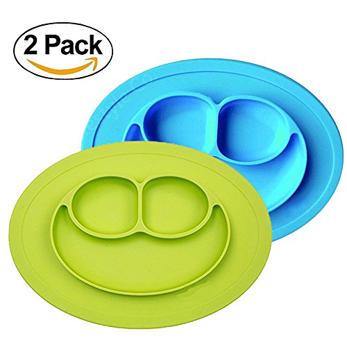 Baby Silicone Suction Placemat + Plates - Food Feeding Divided Mat for Kids and Toddlers Fits Most Highchair Trays - Easily Wipe Clean - Dishwasher and Microwave Safe (Blue+Green)