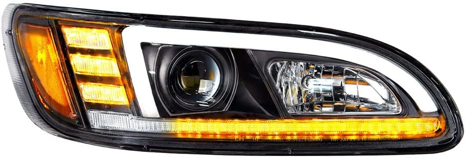 United Pacific 35768 Projection Headlight Assembly, RH, Black Housing, High/Low Beam, H7 Quartz Bulb, with 24 LED Signal (Sequential), 18 LED DRL/Position Light and Side Marker