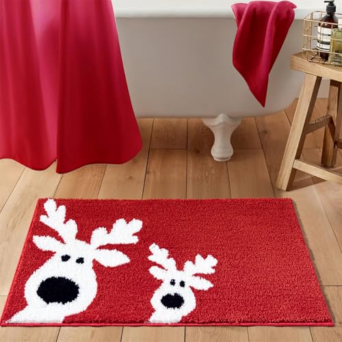 Cute Reindeer Christmas Bath mat Machine Washable Non Slip, 20’’W