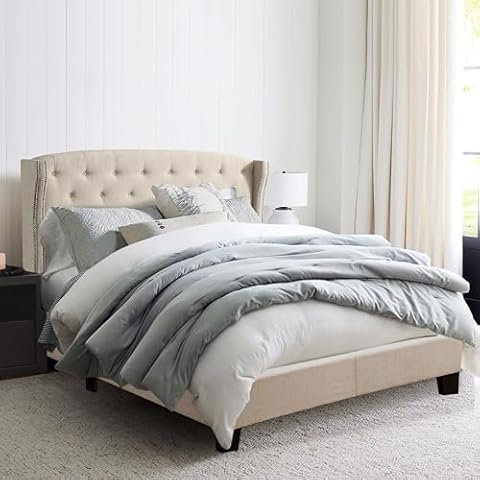 Hevaotry Twin Size Bed Frame with WingBack Headboard, Button Tufted Headboard, Classic Diamond Design, Solid Wood Legs, Sturdy Slats Support, Easy Assembly, Beige Cover
