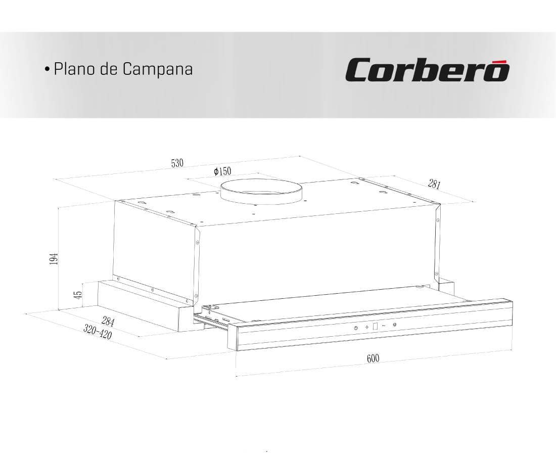 Corberó - Campana Extractora Telescópica 60 cm | MAKALU640X | 372.5 m3/h | 65db | 71.5W | 3 Velocidades | Luz LED | 2 Filtros Aluminio+ Filtro Carbon | Inox-Negro