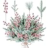 Sggvecsy 60 pcs artificial snowy pine branches fake frosted greenery pine picks artificial red berry stems christmas pine needles for diy christmas garland wreath xmas flower arrangements decoration  urban country home decor