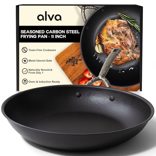 Alva 11” Carbon Steel Frying Pan – Naturally Nonstick, Made without PTFE, PFOA, & PFAS, Oven & Induction Safe, Chef-Grade Heat Control, Built to Last a Lifetime