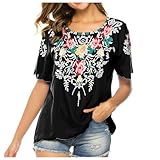 Tops bordados para mujer verano manga corta camisas boho blusas holgadas bohemias top hippie ropa camisa 52 damas, Negro , M