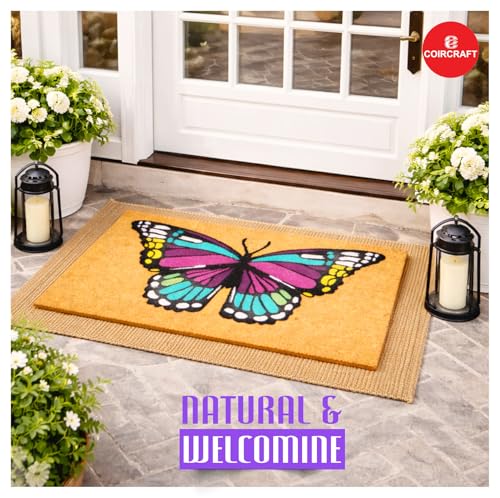 Image of Coircraft Coir mat, Indoor and Outdoor Use,Butterfly Design,Strong & Long, Lasting-Rectangular Doormats for Main Door Entrance, All-Season Use, 45CM X 75CM