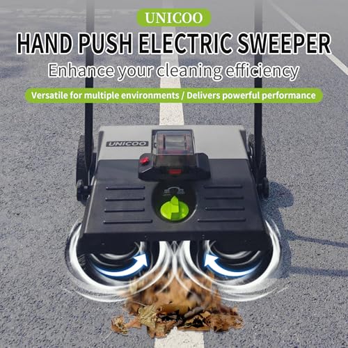UNICOO® Electric Hand Push Floor Sweeper – Battery Powered Walk-Behind Sweeper with Dual Brush Rollers, 23\" Sweeping Width & 6.6 Gallon Waste Bin – Indoor/Outdoor Push Sweeper (Gray)