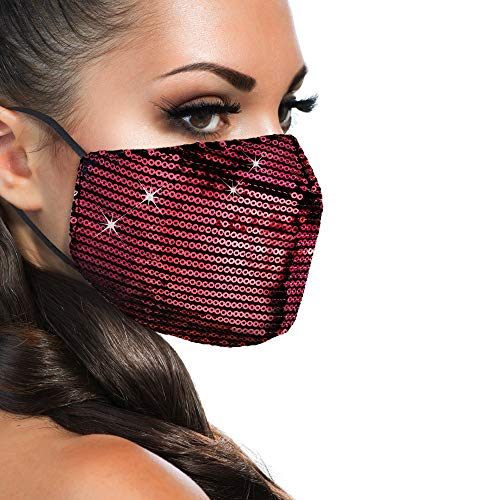 Women’s Lady’s Sequin Multi Color Fashion Bling Face Nose Mask With Adjustable Ear Loops Washable Reusable Breathable (Red)