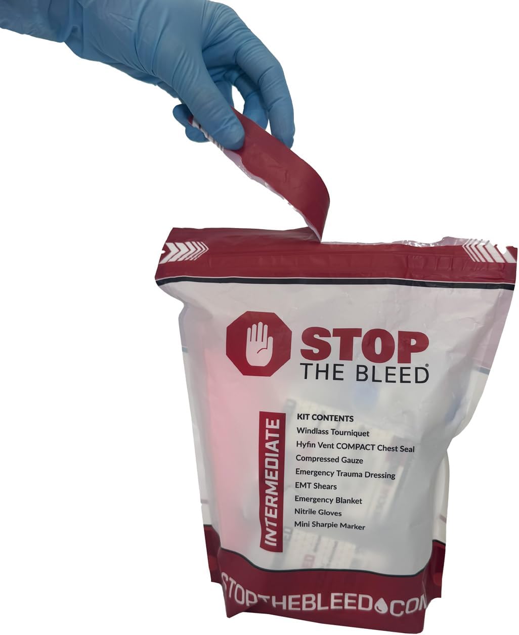 Rescue Essentials Stop The Bleed Kit– Intermediate, Red Poly Bag, Bleeding Control Trauma First Aid with Tourniquet, Chest Seal & Emergency Blanket -1 Count for Emergency Response, School, Workplace