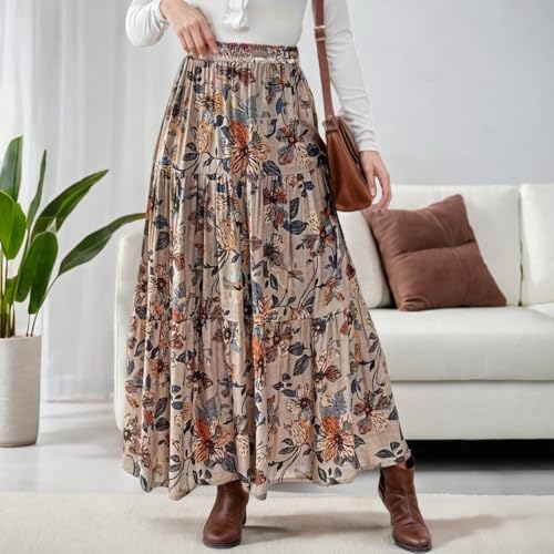 Women’s Flowy Maxi Skirts Casual Trendy Boho Vintage Floral Printed Tiered Elastic High Waisted A-Line Long Skirt3