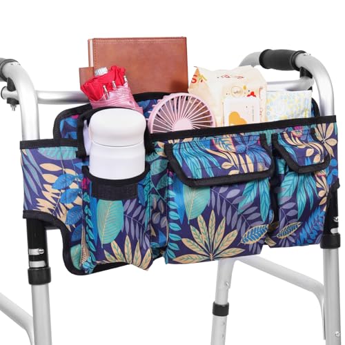 Lefeke Large Walker Tote Bag with Cup Holder, Walking Frame Bag, Walker Basket, Folding Walker Attachment Hands-Free Storage Basket Mobility Aid Accessory Pouch for Elderly(Leaf Flower)