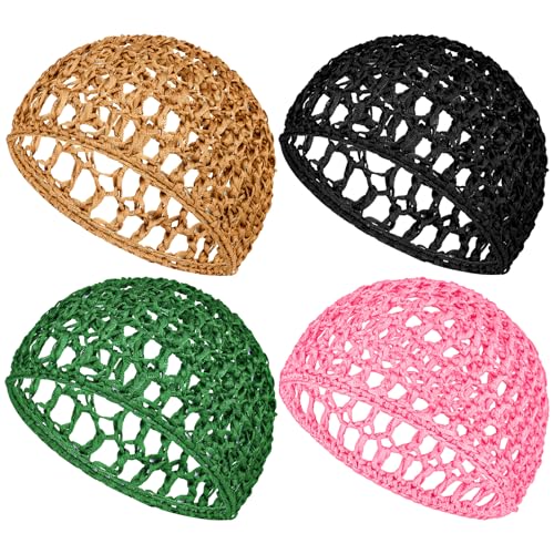 WLLHYF 4 Pack Hair Nets Cap Crochet Knit Snood Bonnets Sleeping Hairnet Fitted Hair Cover Wrap Comfortable Haircare Wave Cap for Keep Curls Ballet Serving Shower Bath Head Circumference 20-22in