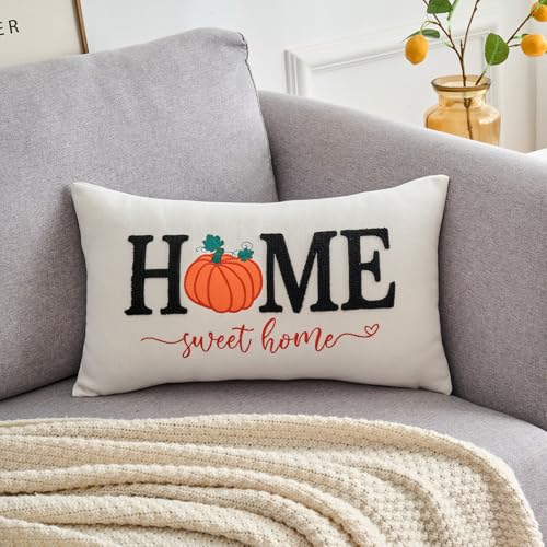 TAJWE Funda de almohada bordada de otoño de 30,5 x 50,8 cm, diseño de calabaza, dulce hogar, otoño, decorativa, para decoración de sofá