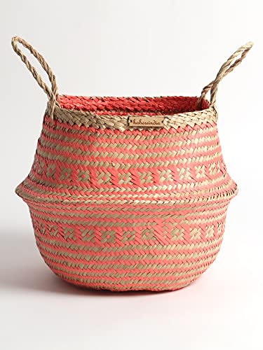 Image of Habere India-All the Cultures Fabricating India Wicker Basket For Plants | Storage Basket for Home Decor | Bamboo Baskets For Toy Storage | Belly Planter Baskets (Medium, Pink - Dia30 x H30 cm)