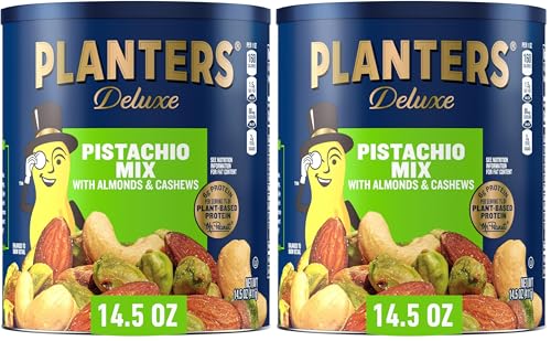 Image of PLANTERS Deluxe Pistachio Mix, Party Snacks, Plant-Based Protein, 14.5 Oz Canister (Pack of 2)