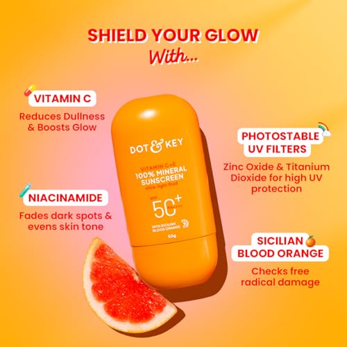 Image of Dot & Key Vitamin C + E 100% Mineral Sunscreen In-Vivo Tested SPF 50+ PA++++ | No White Cast, Lightweight Fluid, With Zinc Oxide & Titanium Dioxide | Blends Easily, Boosts Natural Glow, Non-Greasy | 50gm