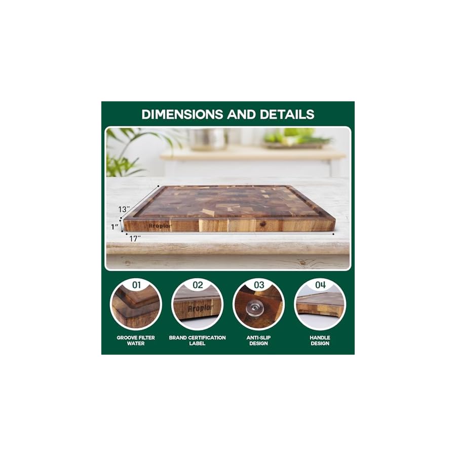 Aroplor Large Thick Acacia Wooden Cutting Boards 17*12*1inch,for Kitchen Large Chopping Boards with Juice Groove,Inner Handles,Non-slip design,Wooden Trays for Meat,Bread,Fruit Vegetables and Cheese