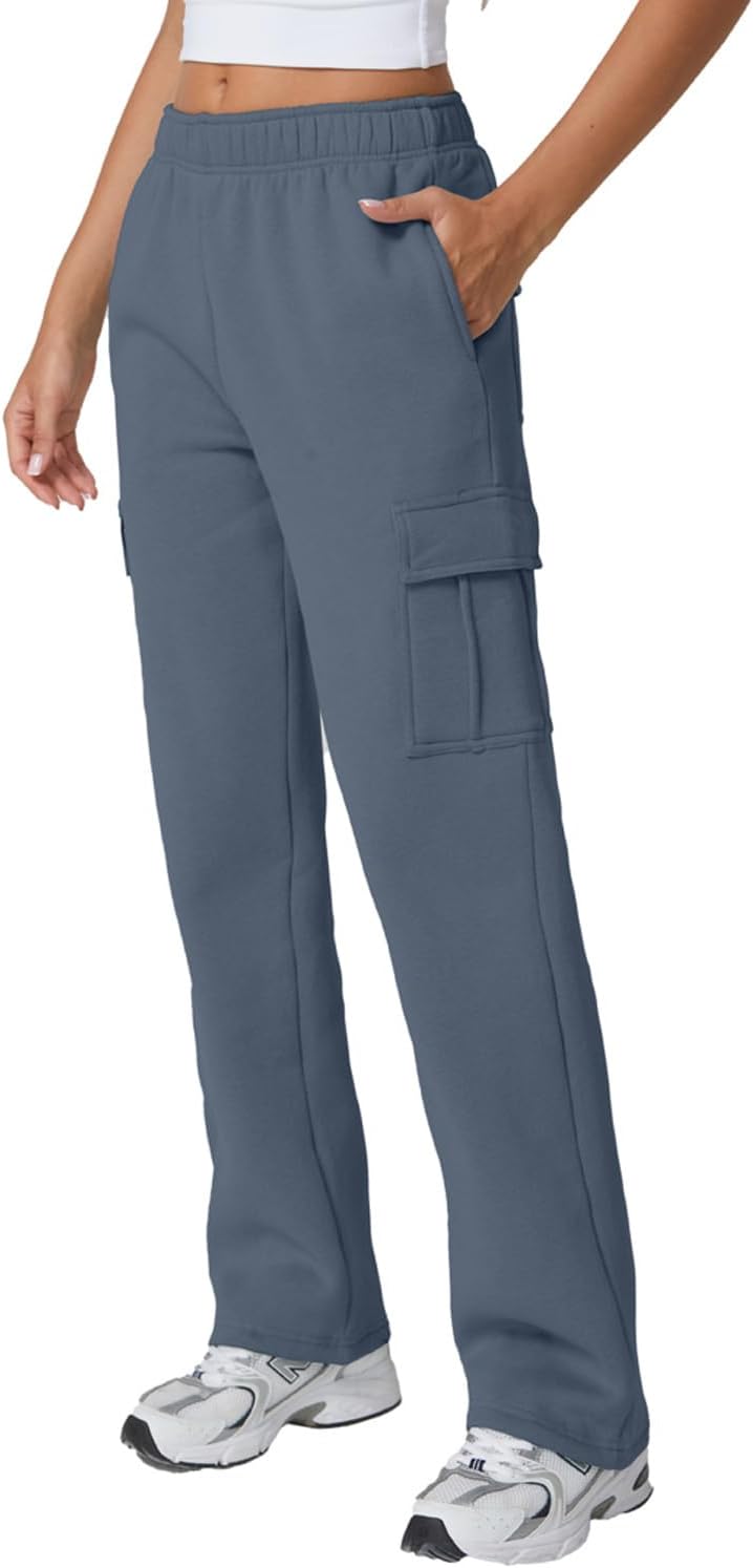 QINSEN Womens Medium Waist Baggy Elastic Waist Sweatpants Casual Fleece Long Pants with Pockets - Image 2