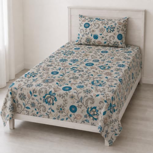 Image of Trance Home Linen 100% Cotton Bedsheet | Single Size Printed Flat Bedsheet with 2 Pillow Covers (60x100 inch, Kalamkari Teal)