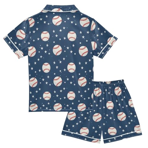 Cartoon Baseball with Star Summer Satin Pajama Set, Cute Button-Down Sleepwear Pj Set for Sleep Wears2