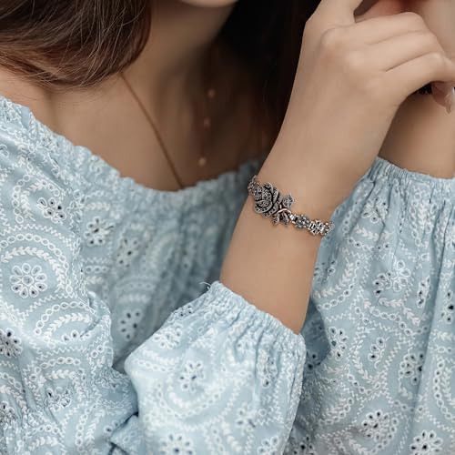 Vintage Charm Bracelet for Women Elegant Black Onyx and Marcasite with Silver Rose Flower Design, Retro Ideal for Women's Jewelry Gifts3