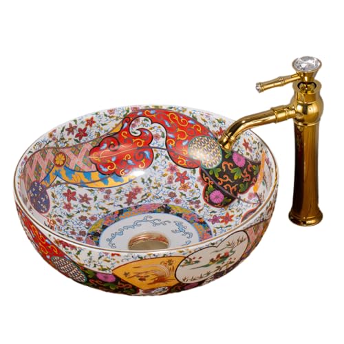 1 ganzer Satz Waschbecken Retro Luxus Stil Keramik Waschschalen mit Gold Wasserhahn und Abflussgarnitur Pop-up ohne Überlauf für Badezimmer Eitelkeit oben, Handmade Waschplätze aus Jingdezhen.