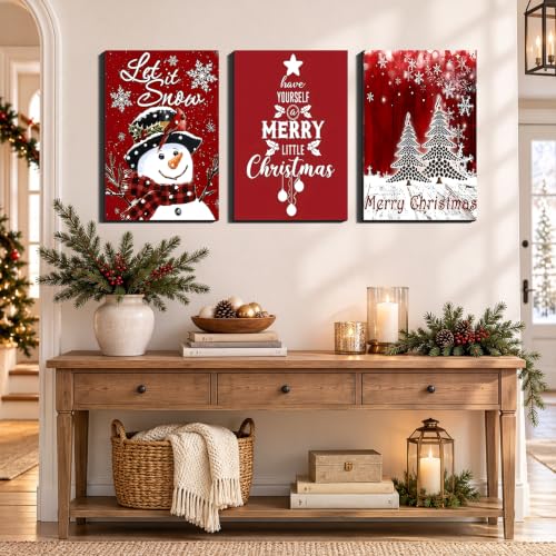 Image of Vintage Christmas Snowman 3 Panel Wall Art, Framed Canvas Prints