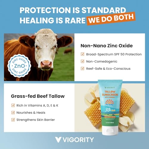 Image of Vigority Tallow Sunscreen SPF 30 for Face & Body - Natural Grass-Fed Beef Tallow, Non-Nano Zinc Oxide - Moisturizing Mineral Sunblock, Non-Greasy & Non-Toxic, Reef Safe for Adults & Kids (3.4 oz)