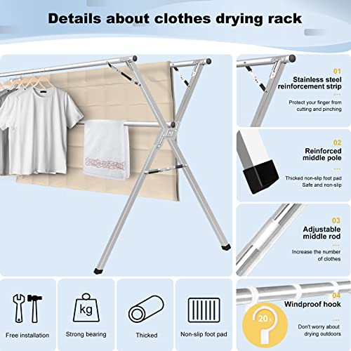 Sillars Clothes Drying Rack, 79 Inches Laundry Drying Rack Clothing Foldable & Collapsible Stainless Steel Heavy Duty Clothing Drying Rack With Windproof Hooks For Indoor Outdoor #TOP2