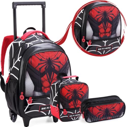 Kit Mochila Mala Bolsa Escolar Rodinha Infantil Masculina Lancheira Térmica Estojo Herói Spider Aranha