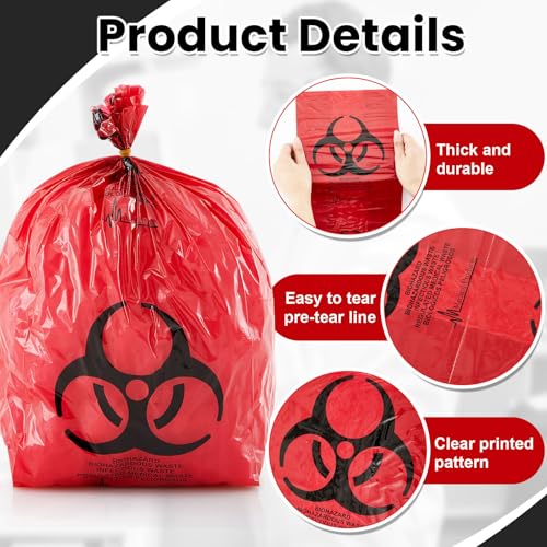 Image of Geiserailie 200 Pcs 10 Roll 14.5 inch x 19 inch Biohazard Waste Bags 3 Gallon Infectious Red Trash Liner No Leak Hazardous Waste Containers with Hazard Symbol for Medical Waste Disposal Safe Hospital Supplies