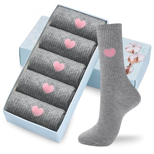 Image of Corlap Women's Cotton Crew Calf Socks - 5 Pairs Ankle High Dress Casual Socks, Fun Cute Heart Gifts for Mom Mother