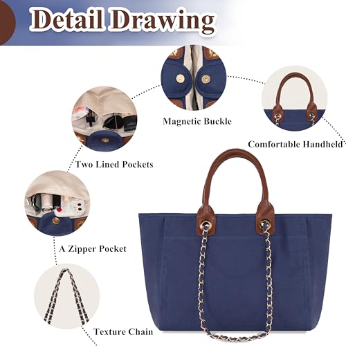 Image of Medium Canvas Tote bag for women Casual Shoulder Work Bag Everything Handbag with Removable Chains