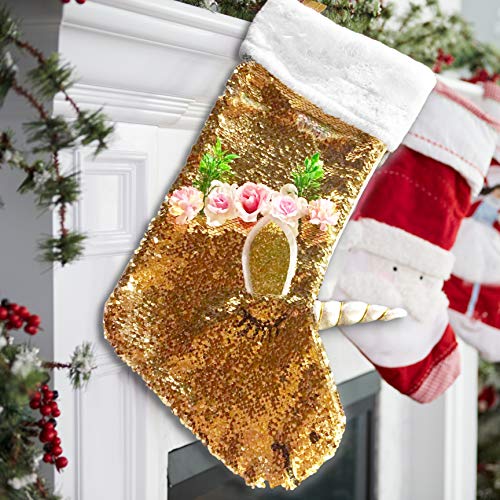 Katie Doodle Unicorn Christmas Stocking for Kids Girls - Custom Gold Flip Sequins