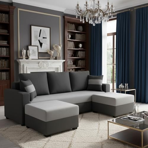 Image of FURNY Aura 5 Seater L Shape Sofa Set with 2 Movable Ottoman | Flexible Left or Right Layout | Plush Velvet Fabric (Light Grey-Dark Grey) | Perfect for Living Room, Guest Room & Office