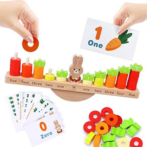 KANKOJO Cool Math Games Montessori Toys Balance Counting Game for Preschool Toddlers Ages 3-5 Wooden Stacking Blocks with Flashcards for Kindergarten Educational