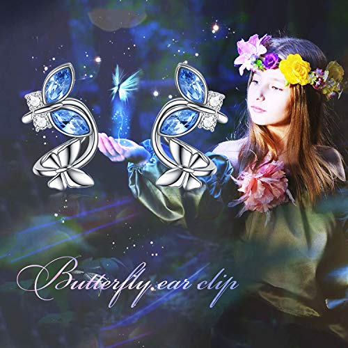 Aoboco Butterfly Cuff Earrings Sterling Silver Ear Cuffs For Non Pierced Ears With Blue Crystals, Hypoallergenic Butterfly Jewelry Gift For Women Girls #TOP2