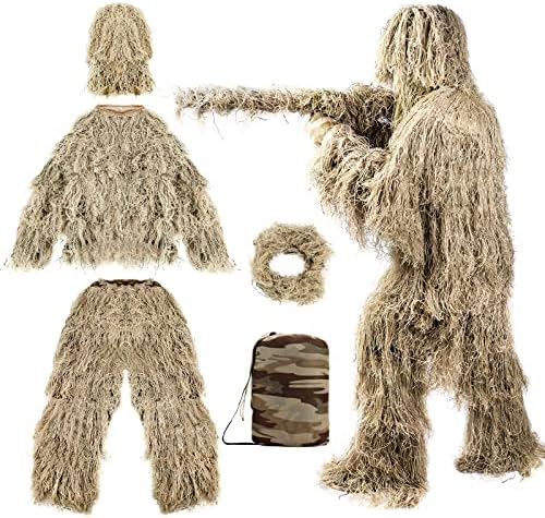 Avarmora Ghillie Suit 3D Camouflage Hunting Apparel Gilly Suits for Men Including Jacket, Pants, Hood, Carry Bag Camo Hunting Clothes for Unisex Adults, Kids, Teens (Medium for Kids, Desert)
