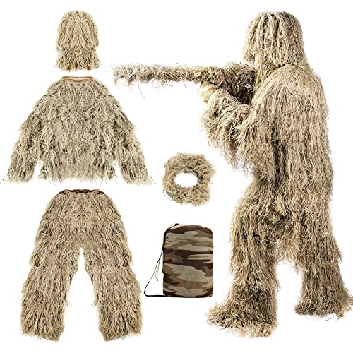 Avarmora Ghillie Suit 3D Camouflage Hunting Apparel Gilly Suits For Men Including Jacket, Pants, Hood, Carry Bag Camo Hunting Clothes For Unisex Adults, Kids, Teens (Medium For Kids, Desert) #TOP1